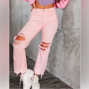 RISEN High Rise Pink Distressed Straight Jeans
